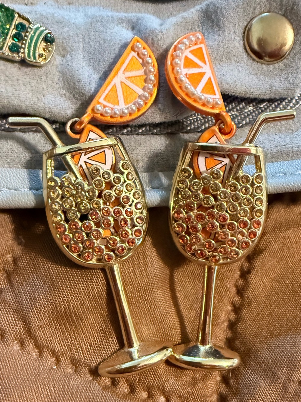 Mimosa/Aperol Spritz Gold-tone Orange Cocktail Drop Earrings 🍊🧡🥂